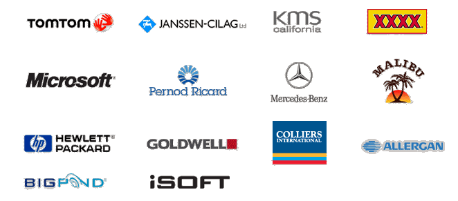 TomTom | Bigpond | KMS California | XXXX | Microsoft | Pernod Ricard | Mercedes-Benz | Malibu | Hewlett Packard | Goldwell | Colliers | Allergan